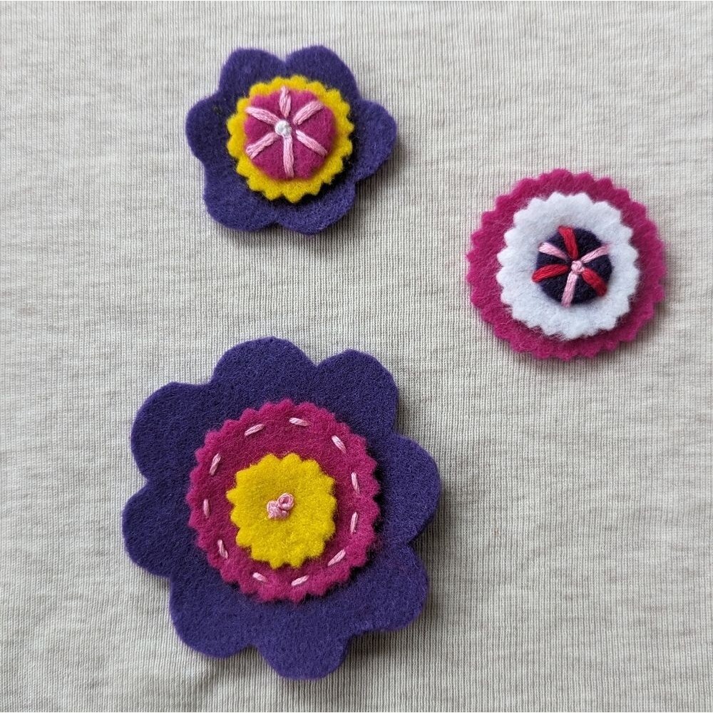 Set of Three Handmade Embroidered Felt Flower Badges Patches Sew-On Applique